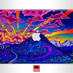 May include: A colorful abstract design featuring a mountain range with a winding road, a sunset sky with pink and yellow clouds, and a blue and purple background. The design is reminiscent of a psychedelic art style.