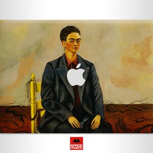 May include: A painting of a woman in a dark suit sitting on a yellow chair. The woman has dark hair and is wearing a necklace. The background is a light brown color with a white apple logo on the woman's chest.