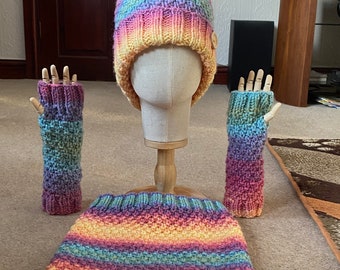 Hand Knitted 7-9 years Chunky Rainbow Girls Hat, Snood and Fingerless Mittens Set