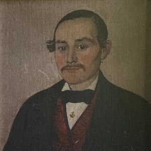Antique oil painting portrait of a man with a mustache framed Biedermeier era painting quirky fashion earring