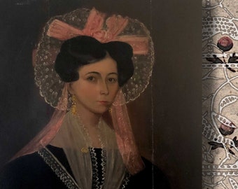 Antique oil painting portrait original Oil on panel painting LARGE 1800s painting Harriet Blake NY Victorian lady woman in bonnet lace