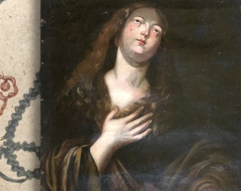 Large 18th century oil painting The Penitent Magdalene oil on canvas unstretched French old master painting
