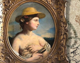 OBO Antique painting Large 19th century painting oil on canvas portrait painting Shepherdess Scottish/English circa 1860 Framed
