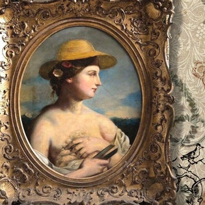 OBO Antique painting Large 19th century painting oil on canvas portrait painting Shepherdess Scottish/English circa 1860 Framed