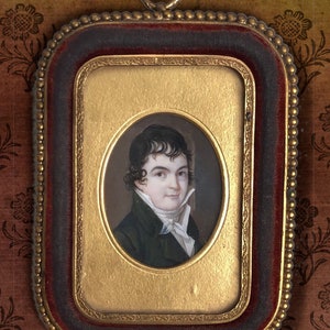 Antique miniature portrait painting 19th century 1800s watercolor portrait in original metal and velvet frame gold frame oval painting
