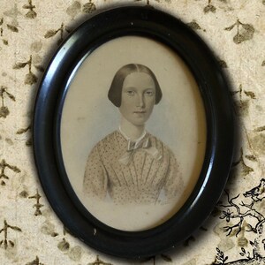Antique watercolor painting portrait painting Victorian girl 1800 paintings oval frame painted black