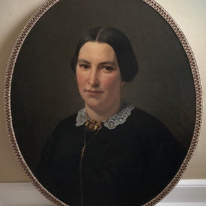 Antique painting victorian lady portrait painting Oil on Canvas oval painting 1800s large oil portrait woman signed