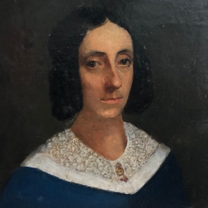 Pintura antigua, retrato al óleo sobre lienzo montado sobre tabla, mujer victoriana, dama, siglo XIX, pintura, no firmada