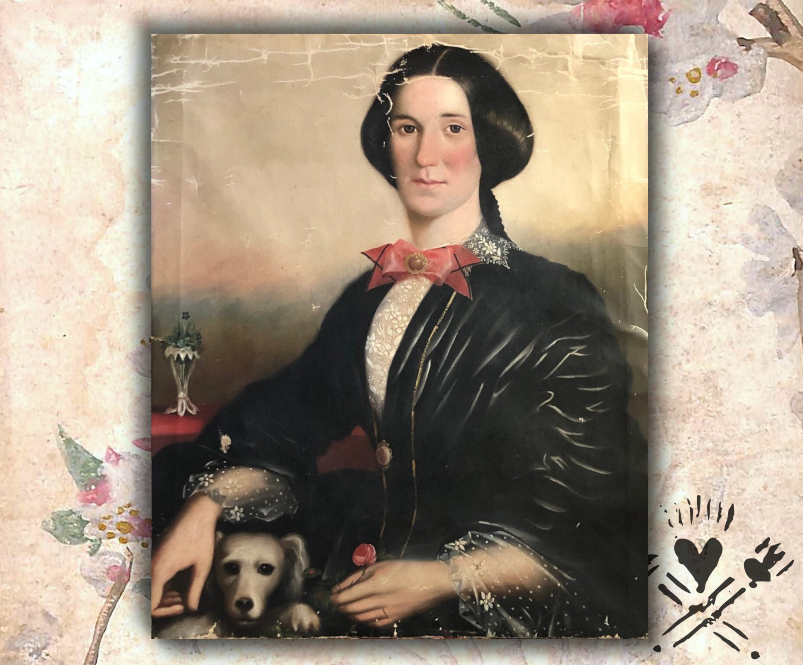 Antique 19th century portrait painting Oil on canvas Lady with her dog 1800s Victorian portrait original pain