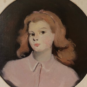 Vintage oil painting portrait of a girl woman retro pastel colors pink girl with bow in hair canvas painting