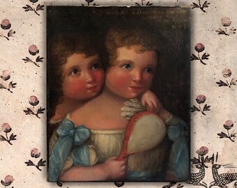 Antikes Gemälde 19th Century Victorian Öl auf Leinwand Gemälde Portrait der Verner Schwestern Elizabeth Charlotte und Grace-Anna Dorothea