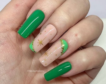 Green star professional press on nails, spring false nails, long medium square false tips, multiple sizes and shapes, second star green gold