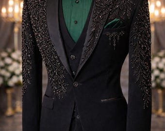 Black Embroidered Tuxedo Suit for Men with Green Shirt & Bow Tie, Luxury Groom Wedding Suit, Custom Made Formal Outfit
