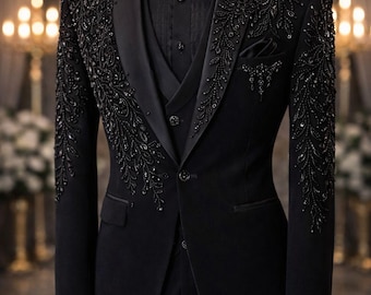 Schwarzer Luxus-Bräutigamanzug-Set mit Hemd und Fliege, benutzerdefiniertem Herren-Smoking, Hochzeitsanzug für Männer, Premium besticktes formelles Outfit