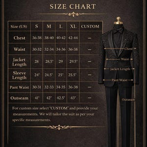 Peut inclure: Tableau des tailles pour un costume noir avec des mesures en centim&egrave;tres. Le tableau comprend les mesures de la poitrine, de la taille, de la longueur de la veste, de la longueur des manches, de la taille du pantalon et de l'entrejambe pour les tailles S, M, L, XL et sur mesure.