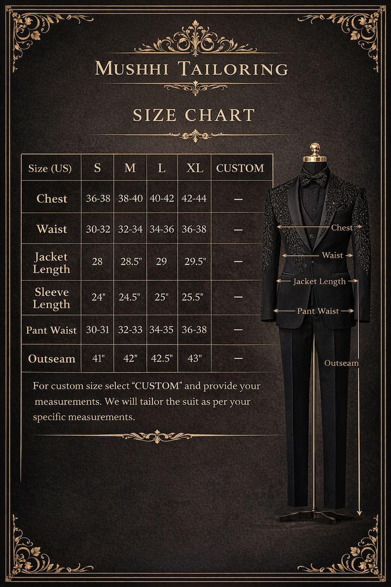 Peut inclure: Tableau des tailles pour un costume noir avec des mesures en centim&egrave;tres. Le tableau comprend les mesures de la poitrine, de la taille, de la longueur de la veste, de la longueur des manches, de la taille du pantalon et de l'entrejambe pour les tailles S, M, L, XL et sur mesure.