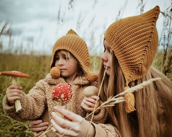Pixie Beanie Pompom Crochet Pattern | vintage crochet bonnet | ribbed hat crochet mutch | 0-10 years baby teen & adult size | gnome elf DIY