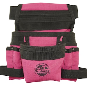 May include: Pink tool belt with multiple pockets and a black strap. The belt has a logo that says "A Home For Tools Graintex Professional".