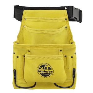 May include: Yellow leather tool belt with multiple pockets and a hammer loop. The belt has a black adjustable strap with a buckle. The belt has a logo that says "A Home For Tools Graintex Professional".