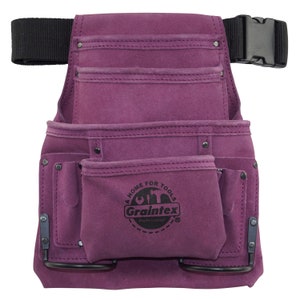 Purple Tool Pouch w/Belt in Suede Leather with 10 Pockets, 2 Hammer Holders