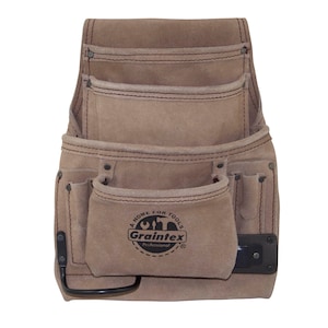Beige Tool Pouch in Suede Leather with 10 Pockets, Hammer Holder, Measuring Tape Holder