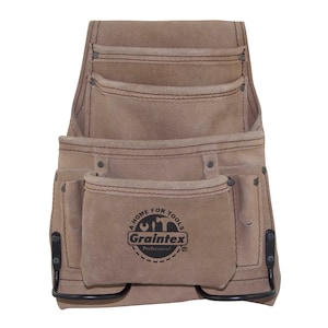 Beige Tool Pouch in Suede Leather with 10 Pockets, 2 Hammer Holder