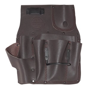May include: Brown leather tool belt with multiple pockets and a metal ring. The belt has a stitched design and is secured with rivets.