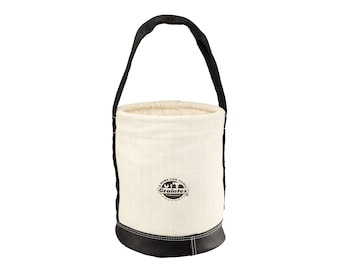 May include: A white canvas tool bucket with a black leather bottom and a black handle. The bucket has a black logo that says "A Home For Tools" and "Graintex".