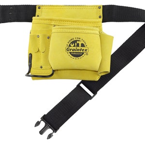 Yellow Tool Pouch w/Belt in Suede Leather with 5 Pockets, Hammer Holder