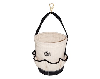 Graintex Tapered Canvas Bucket With Hook Leather Bottom 6 Outer Pockets 12”x10”x14”