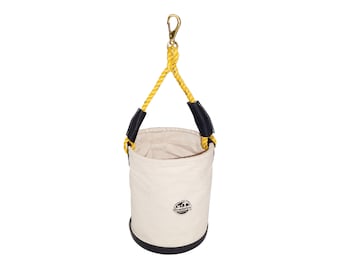 May include: A white canvas tool bucket with a black leather trim and a yellow rope handle. The bucket has a black logo that says "Graintex" on it.