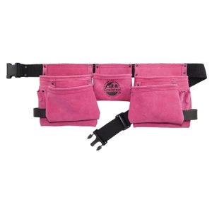 Tablier à outils rose en cuir suédé avec 11 poches