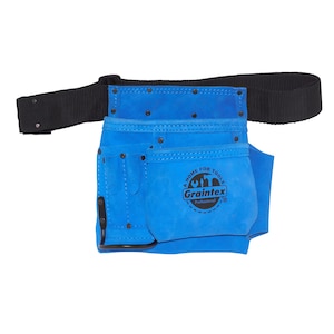 Blue Tool Pouch w/Belt in Suede Leather with 5 Pockets, Hammer Holder