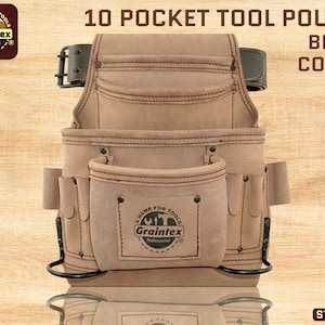 Graintex 10 Pocket Nail & Tool Pouch Beige Color Top Grain Leather with 2″ Leather Belt