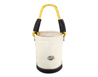 May include: A white canvas bucket with a black leather trim and a yellow rope handle. The bucket has a brown logo that says "Graintex" on it.
