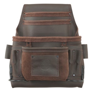 Tool Pouch Top Grain Oil Tanned Leather with 10 Pockets, 2 Metal Hammer Holders