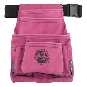 May include: Pink leather tool belt with multiple pockets and a black belt. The belt has a logo that says "A Home For Tools Graintex Professional".