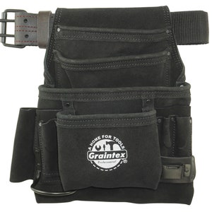 Graintex 10 Pocket Nail & Tool Pouch Black Color Suede Leather with 2″ Leather/Webbing Belt