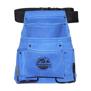 Blue Tool Pouch w/Belt in Suede Leather with 10 Pockets, 2 Hammer Holders