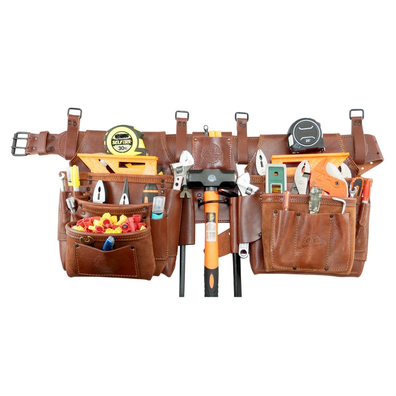 GRAINTEX 4-Piece Tool Belt Combo - 14 Pocket Brown Oil-Tanned Leather Belt With Adjustable Pouches For Professionals