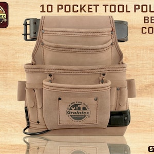 Graintex 10 Pocket Nail & Tool Pouch Beige Color Top Grain Leather with 2&quot; Leather Belt