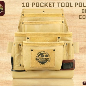 Graintex 10 Pocket Nail & Tool Pouch Beige Color RUGGED Top Grain Leather