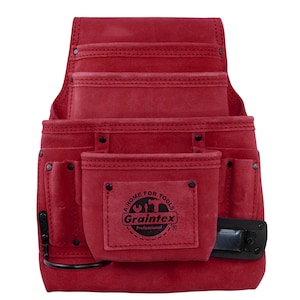 Burgundy Tool Pouch in Suede Leather with 10 Pockets, Hammer Holder, Measuring Tape Holder
