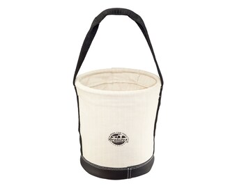 May include: A white canvas tool bucket with a black leather bottom and a black webbed handle. The bucket has a black logo that says "Graintex" and "A Home for Your Tools".