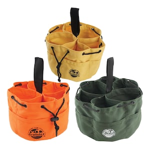 May include: Three tool bags in different colors: orange, yellow, and green. Each bag has six compartments and a drawstring closure. The bags have a black handle and a logo that says "A Home for Your Tools Graintex".