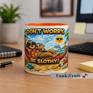May include: White ceramic mug with an orange interior. The mug features a cartoon sloth relaxing in a hammock on a beach with the text "DON'T WORRY, BE SLOTHY!". The mug also has a "FunkiFruit" logo.