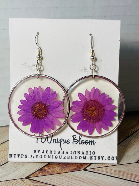 Purple Daisy Earrings Silver Daisy Earrings Pressed Purple