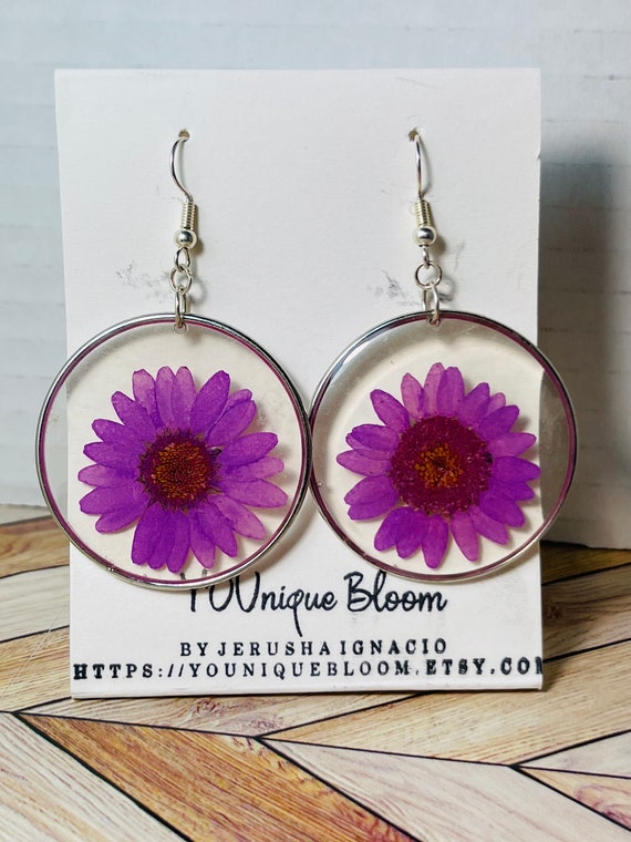 Purple Daisy Earrings Silver Daisy Earrings Pressed Purple