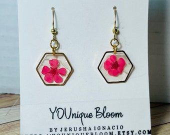 Pink Flower Earrings | Gold Flower Earrings | Real Flower Earrings | Resin Flower Jewelry | Natural Jewelry | Pink Gold Earrings | Cute Gift