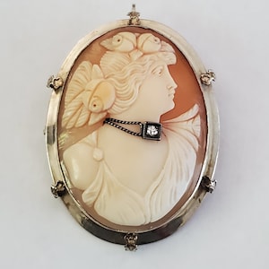 Antique 14k White Gold Diamond Carved Shell Cameo Pendant